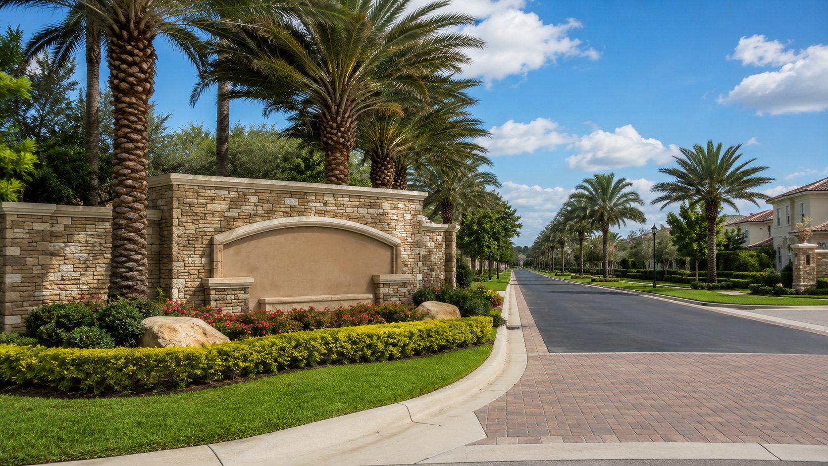 Gated community entrance with palms