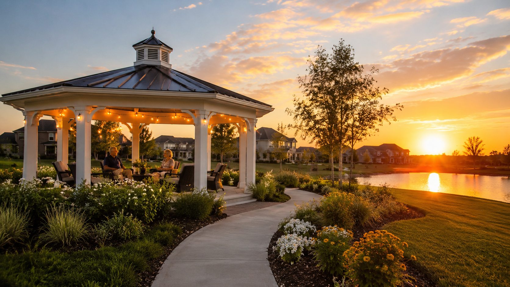 Lakeside gazebo at sunset