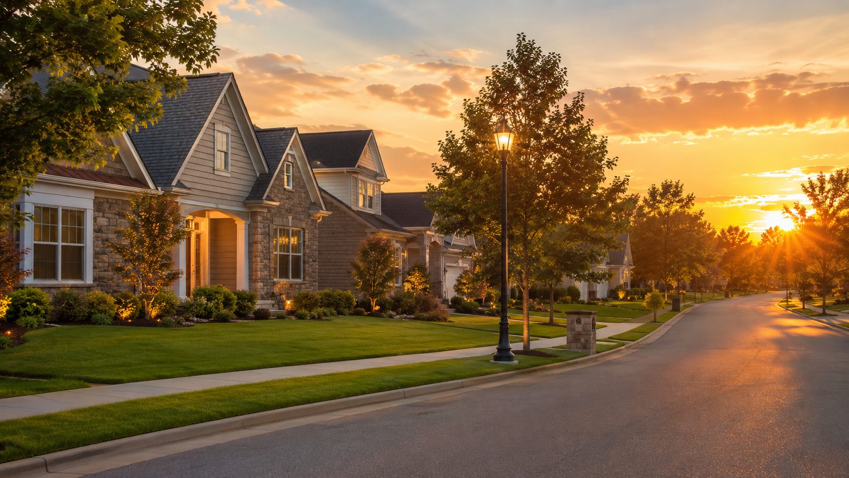 Tree-lined street of homes in Meadowbrook Estates at sunset